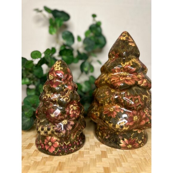 Vintage 1994 Patricia Reach Decoupage Ceramic Floral Christmas Tree Set of 2 - Picture 2 of 8